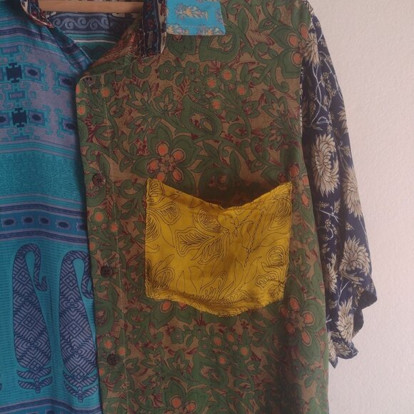 The Wavy Bunch Mens Patchwork Shirt L Festival Slim Fit Silky Upcycled Shirt - Picture 7 of 9